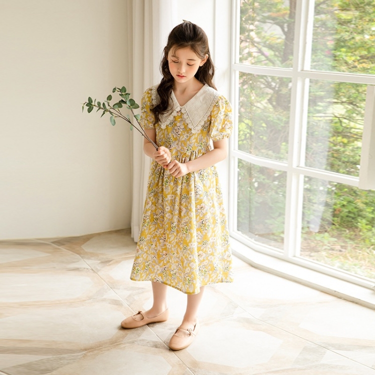 Girls Short-sleeved Forest Style Floral Dress (Color:Yellow Size:160cm), 110cm, 120cm, 130cm, 140cm, 150cm, 160cm