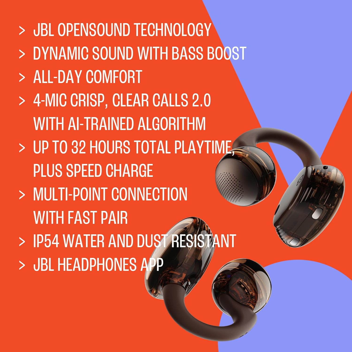 81BqMvq59uL._AC_SL1500_ JBL Soundgear Clips True Wireless Open-Ear Headphones, SonicArc Design, Up to 32 Hours Total Playtime, 4 Beamforming Mics, IP54 Water & Dust-Resistant, JBL OpenSound Technology