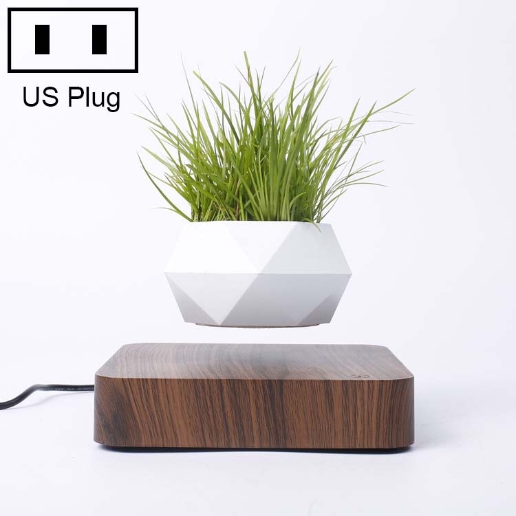 Diamond Plastic Flower Pot + Dark Wood Grain Base Magnetic Levitation Potted Plant Home Decoration, US Plug, Dark Wood Grain US Plug, Light Wood Grain US Plug