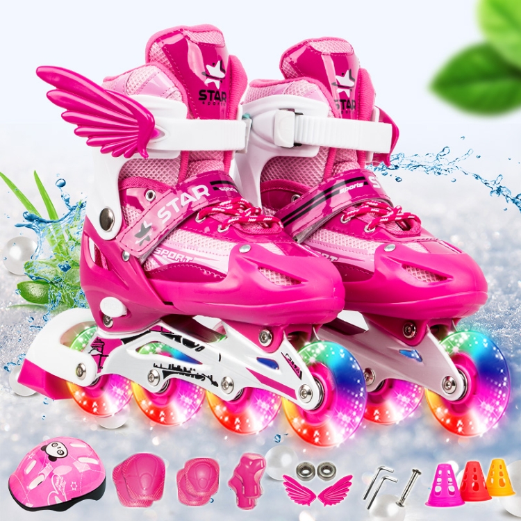 Adjustable Children Full Flash Single Four-wheel Roller Skates Skating Shoes Set, Size : L, Size : L (Pink), Size : L (Gold), Size : L (Blue), Size : L (Red)