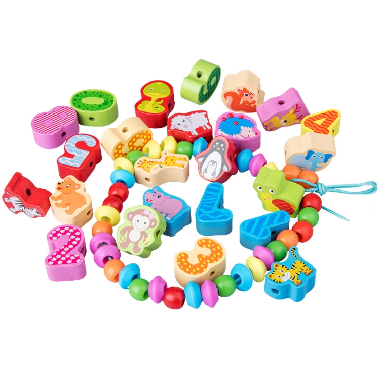 Children Stringing Threading Toys Early Education Cognitive Wooden Beads, 60 PCS / Set Number+Animal