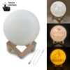 Customized Touch Switch 3-color 3D Print Moon Lamp USB Charging Energy-saving LED Night Light with Wooden Holder Base, 8cm, 10cm, 13cm, 15cm, 18cm, 20cm