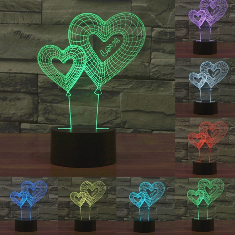 Double Heart Balloon Style 3D Touch Switch Control LED Light , 7 Color Discoloration Creative Visual Stereo Lamp Desk Lamp Night Light