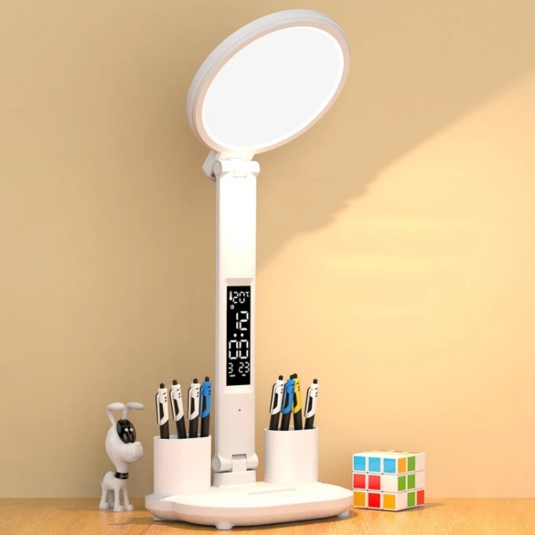 Round Desk Lamp Study Reading Folding Smart Bedside Eye Protection Lamp, Plug-in Model With Clock, Charging Model 3200mAH With Clock, Plug-in Model With Fan, Charging Model 3200mAH With Fan