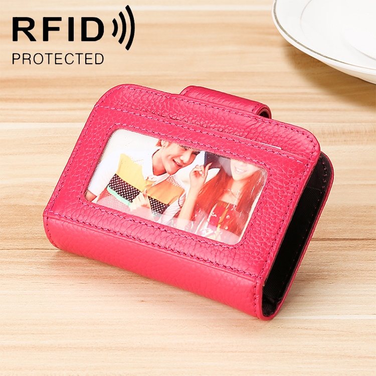 KB188 Horizontal Cowhide Leather Organ Shape Multiple Card Slots Anti-magnetic RFID Wallet for Ladies, with Transparent Window, KB188 Rose Red, KB188 Sapphire Blue, KB188 Black, KB188 Coffee, KB188 Purple