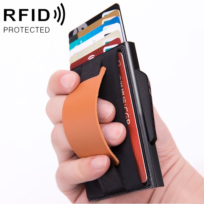 X-32C Automatically Pop-up Card Type Anti-magnetic RFID Anti-theft Men Aluminum Alloy B Dial Button Elastic Bag Wallet with PU Leather Strap, X-32C B Dial Button Black, X-32C B Dial Button Grey, X-32C B Dial Button Gold, X-32C B Dial Button Blue...