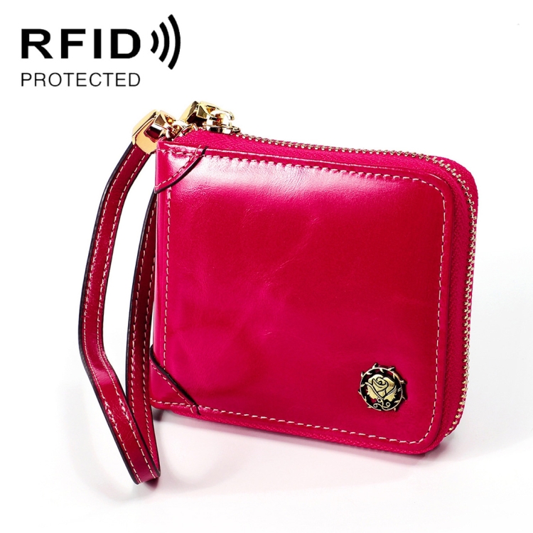 8251 Antimagnetic RFID Multi-function Oil Wax Leather Lady Zipper Wallet Purse with Lanyard