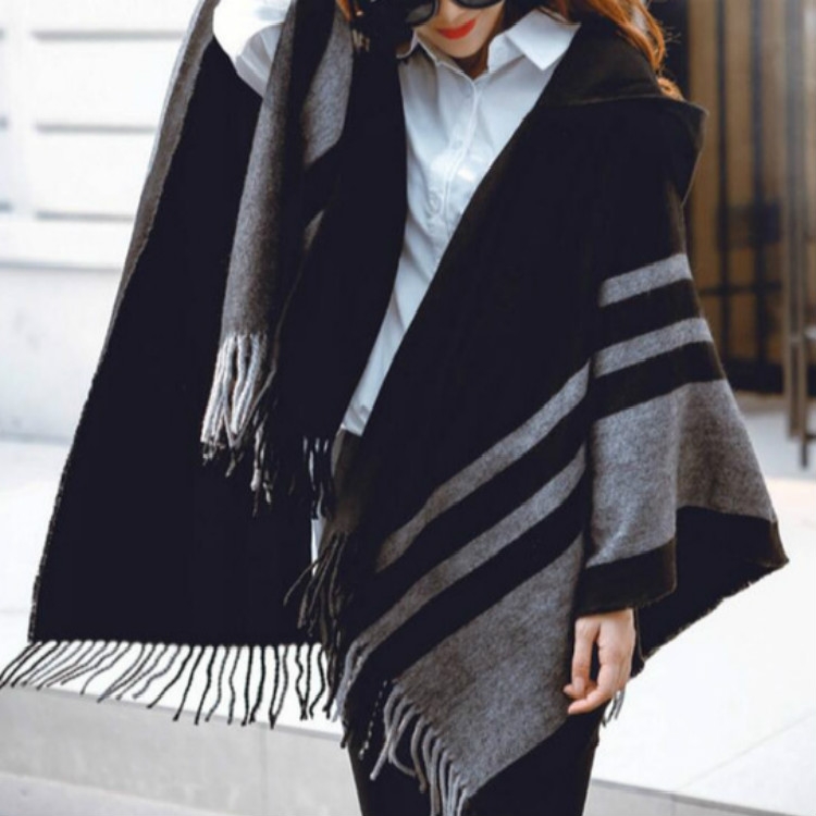 Autumn and Winter Ladies Hooded Warm Thick Tassel Cloak Shawl Scarf Dual-use, 65cm