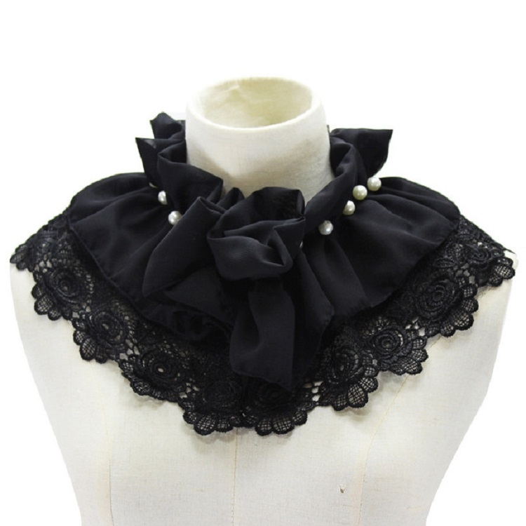 Women Beaded Chiffon Decorative Collar Flowers Folding Polo-neck Shawl Fake Collar