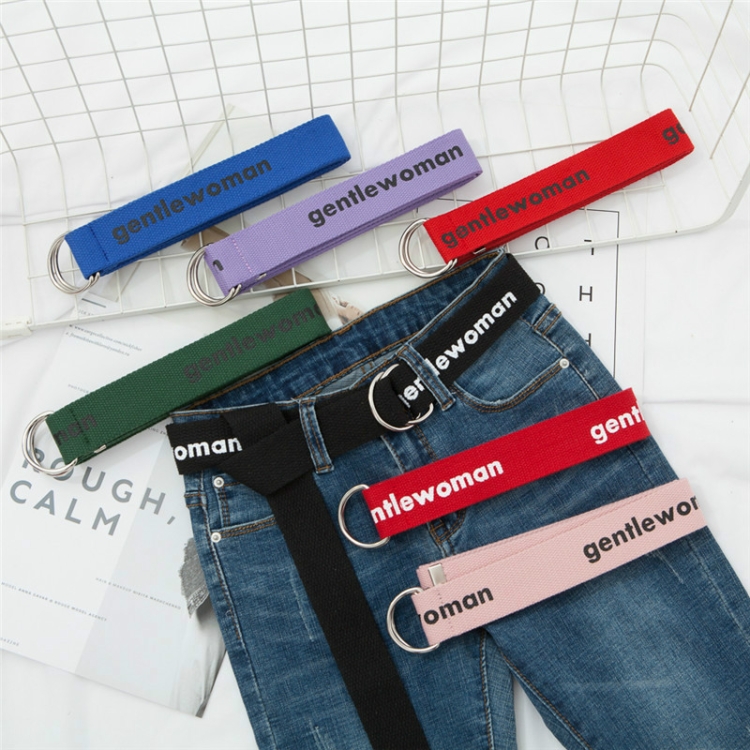 Women Wild Letter Pattern Double Loop Buckle Canvas Belt, 130 x 3.8cm