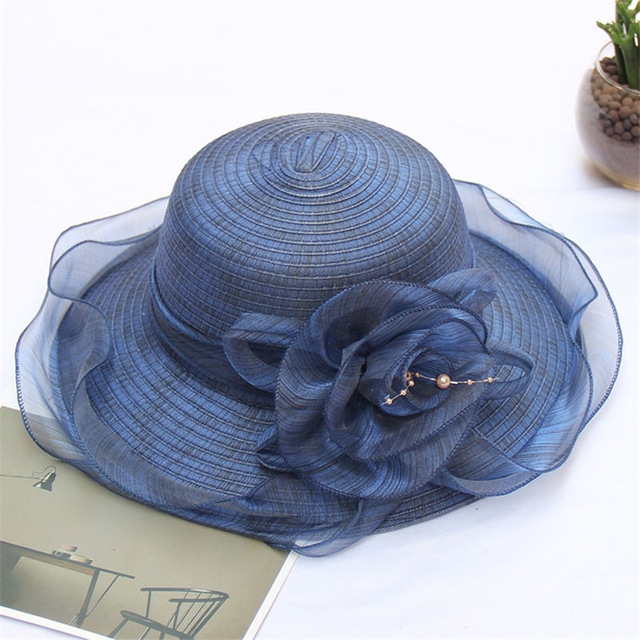 Women Summer Organza Flower Decoration Foldable Sun Hat Bucket Hat Formal Hat