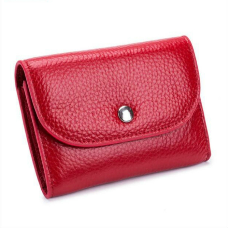 Short Mini Slim Top-grain Leather Wallet Card Bag Zip Coin Pocket, Big Red, Gray, Black, Blue, Pink
