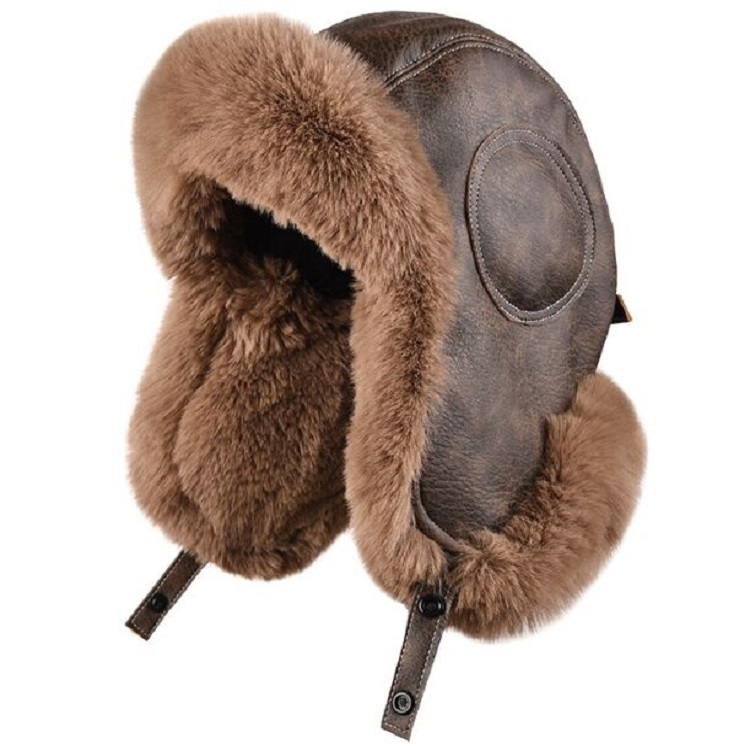 Unisex Universal Autumn and Winter Thickened Plus Velvet Warm PU Leather Dome Ear Protected Cap Flight Hats, One Size