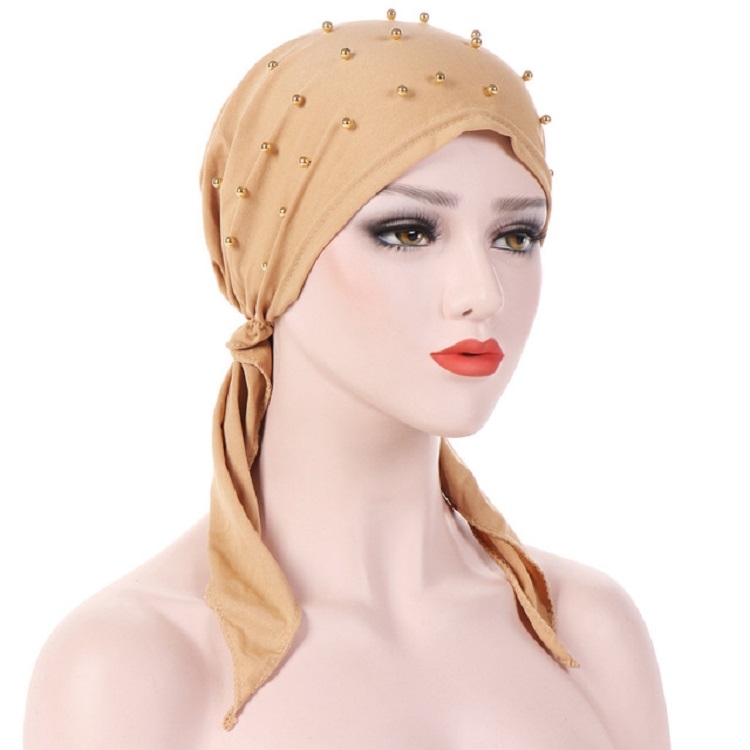 Women Pure Color Beaded Stretch Turban Hat Wrap Hat, M(56-58cm)