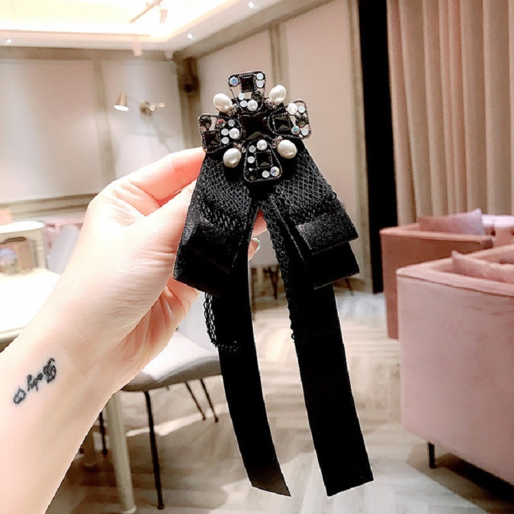 Women Vintage Bow-knot Lace Rhinestone Bow Tie Brooch Collar Accessories