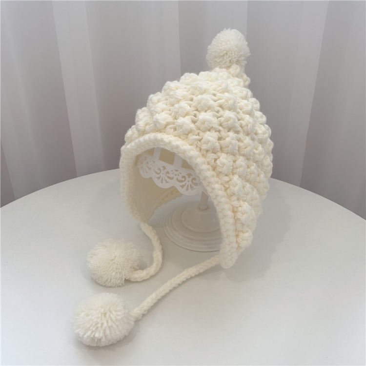 Hand-Woven Children Knitted Ear Protection Hat Autumn and Winter Thickened Baby Pineapple Grain Woolen Hat, 48-53cm Head Circumference