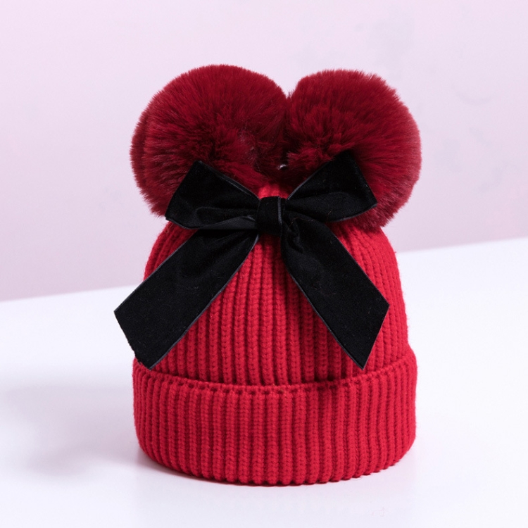 MZ7153 Double Wool Ball Bowknot Children Knitted Hat With Cotton Warm Baby Hat, About 6-36 Months