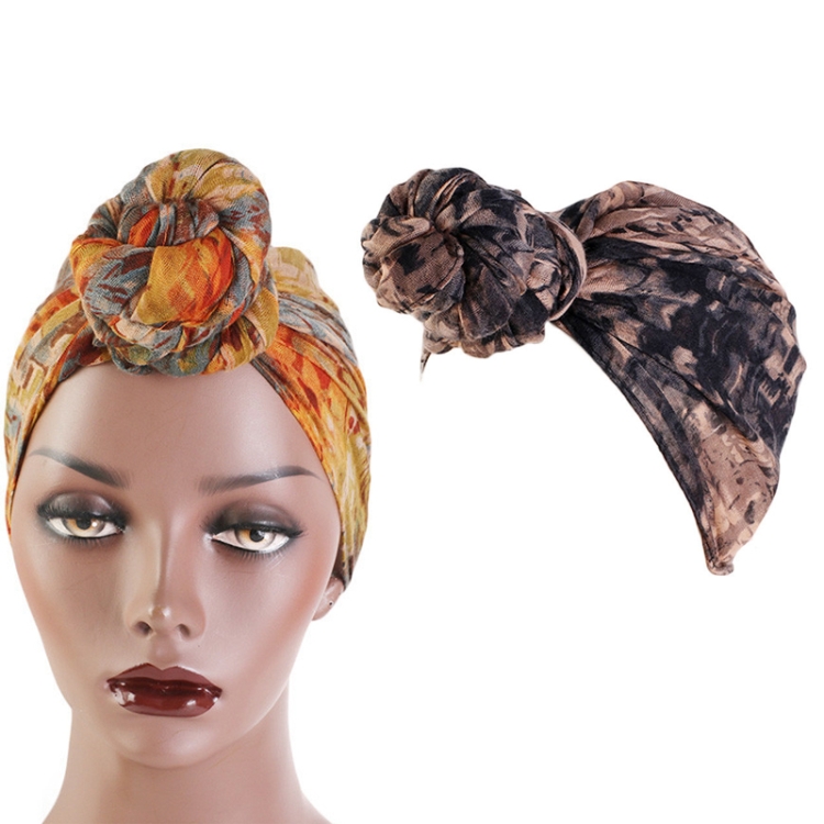 Tie-Dye Ball Turban Hat Ethnic Style Knotted Hat Ladies Scarf Wrap Head Hat, Black, Navy Green, Grayish Yellow, Wine Red, Teal, Rose Red Green