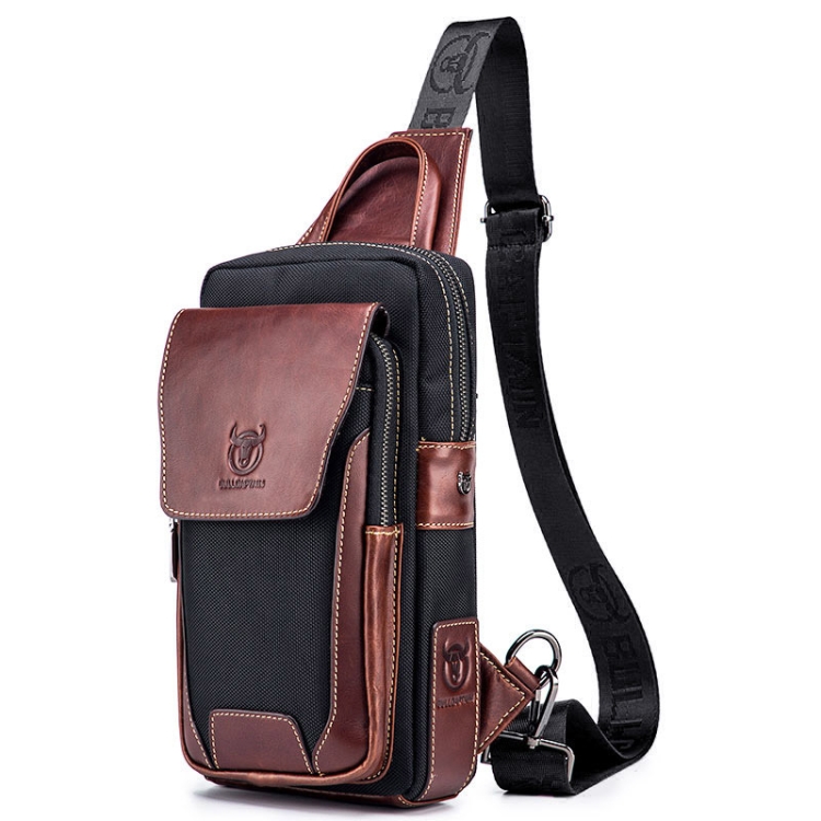 BUFF CAPTAIN 9999 Leather Men Chest Bag First-Layer Cowhide Casual Shoulder Bag, Brown, Blue Black, Black Leather Blue