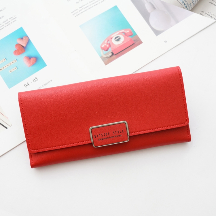 BATSIOE Women Wallet Tri-Fold Long Type Buckle Clutch Multi-Card Pocket PU Wallet, Red Wine, Black, Blue, Light Pink, Light Purple, Gray, Ice Green