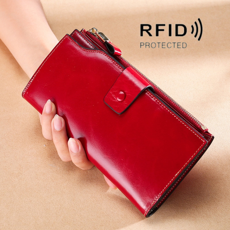 TP-192 First Layer Of Cowhide Long Type Oil Wax Leather Ladies Clutch Retro Wallet RFID Anti-Theft Ladies Wallet, Brown, Wine Red, Rose Red, Royal Blue, Black, Purple