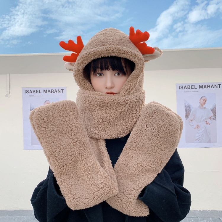 Winter Integrated Three-Purpose Christmas Antler Plush Gloves Hat Scarf For Female
