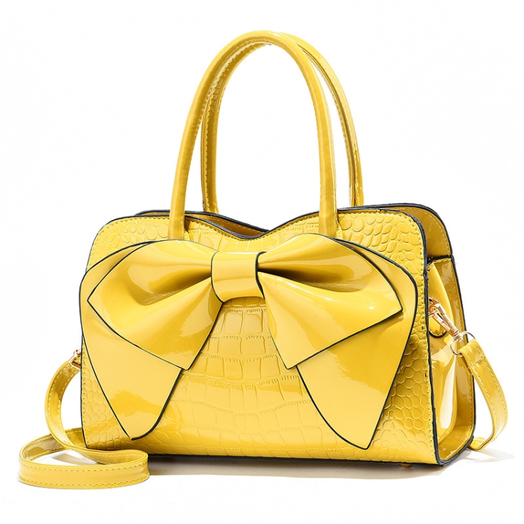 8111 Bow Bright Leather Ladies Handbag, Yellow, Red Wine, Khaki, Blue, Black, Light Green, Pink