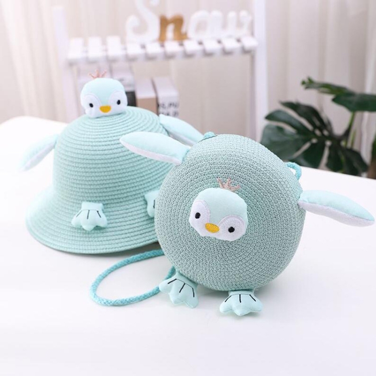 Girls Sunshade Bucket Hat Children Penguin Straw Hat & Bag Set, Green, Khaki, Beige, Pink, Milk White