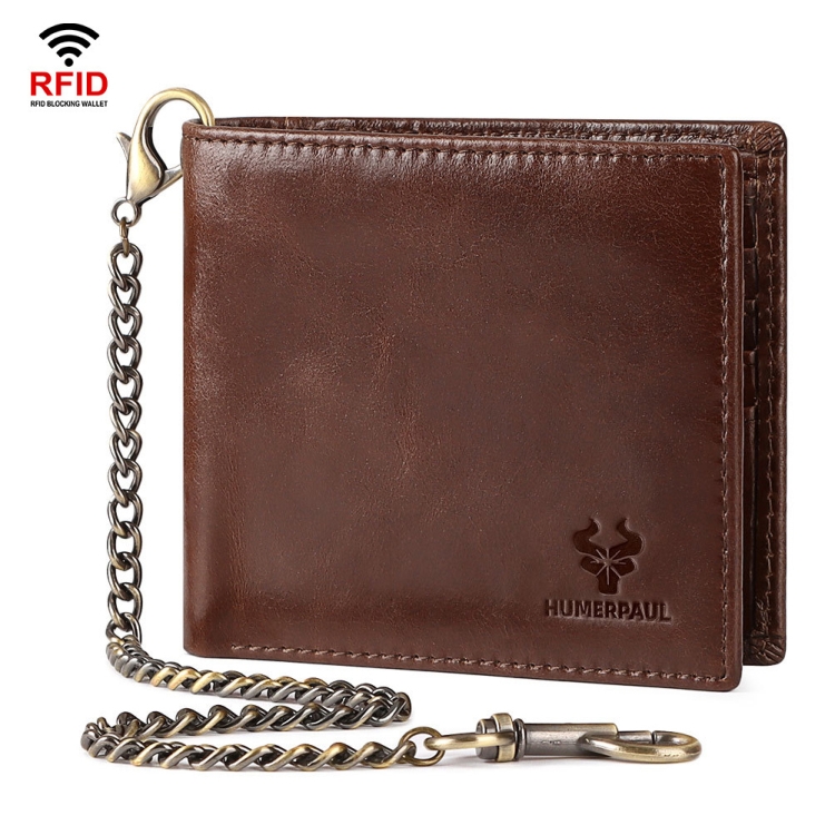 HUMERPAUL RFID Anti-Magnetic Men Pickup Card Bag Metal Chain Short Leather Wallet, Coffee, Black, Coffee With Black Box, Black With Black Box, Coffee With Orange Box, Black With Orange Box