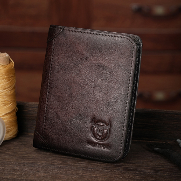 Bull Captain Men Wallet First-layer Cowhide Coin Clip RFID Retro Vertical ID Holder