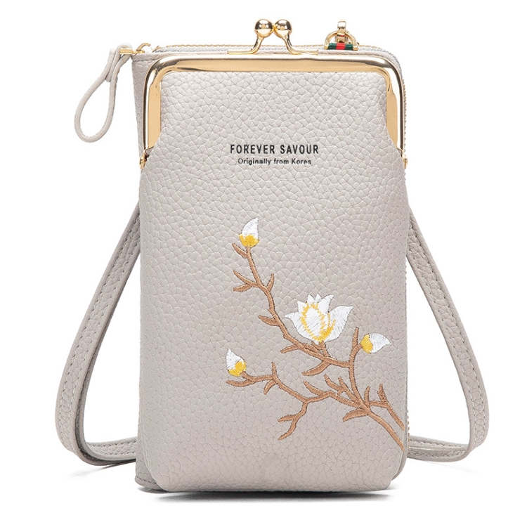 Mini Embroidered Single-shoulder Phone Bag Crossbody Long Ladies Wallet, Gray, Black, Yellow, Dark Pink, Blue, Pink, Wine Red