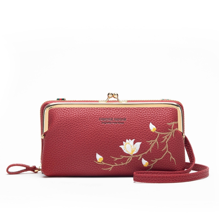 Embroidered Large Capacity Single-shoulder Phone Bag Crossbody Zipper Long Ladies Wallet, Wine Red, Blue, Yellow, Pink, Gray, Dark Pink, Black