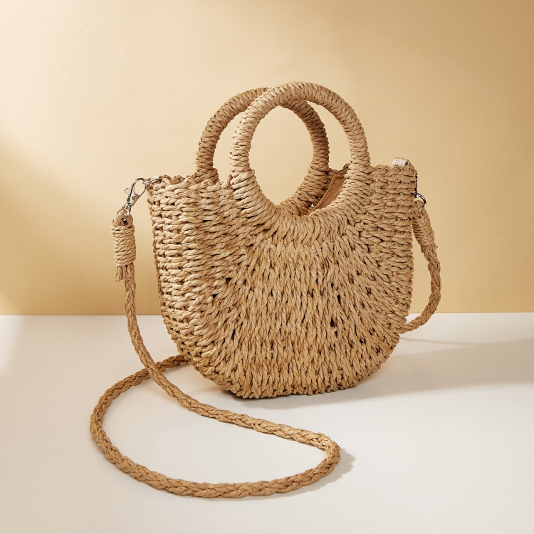 Half-moon Shape Straw Tote Bag Cross-body Woven Beach Single-shoulder Bag, Camel, Beige, Rose Red, Orange Red, Pink, Green