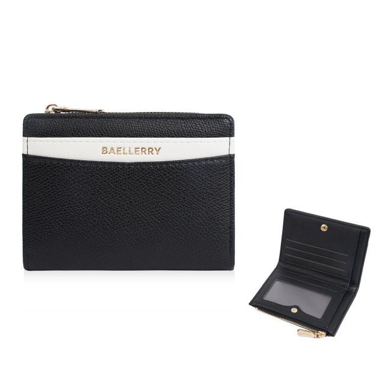 Baellerry N8351 Women Short PU Leather Wallet With Color-Blocking Design & Zipper Closure, Slim Compact Purse Card Holder