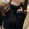 Pearl High-Neck Lace Base Layer Long-Sleeved Knit Sweater, S, M, L, XL