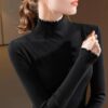High-Neck Ruffled Fitted Knit Sweater Long-Sleeved Top, S, M, L, XL