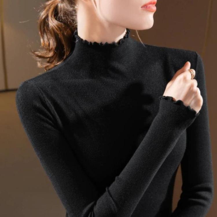 High-Neck Ruffled Fitted Knit Sweater Long-Sleeved Top, S, M, L, XL