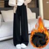High Waisted Straight-leg Loose Fitting Wide Leg Pants, Lamb Fleece Black Regular, Lamb Fleece Dark Gray Regular, Lamb Fleece Oatmeal Regular, Lamb Fleece Beige Regular