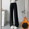 High Waisted Straight-leg Loose Fitting Wide Leg Pants, Pocketless Fleece-lined Black Regular