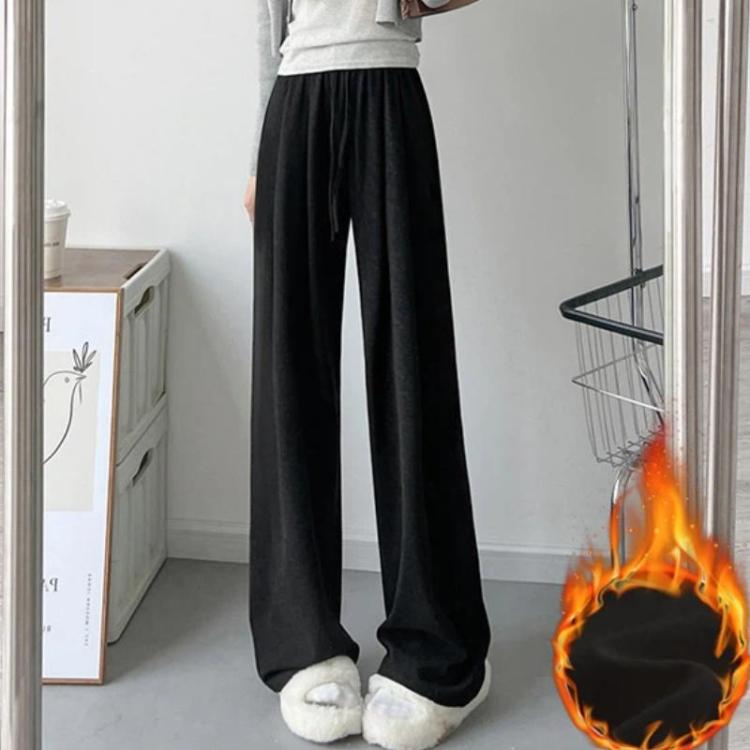 High Waisted Straight-leg Loose Fitting Wide Leg Pants, Pocketless Fleece-lined Black Regular