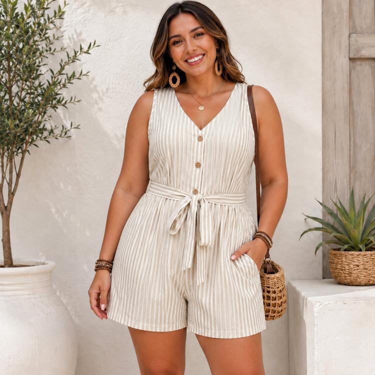 V-Neck Sleeveless Striped Jumpsuit Shorts, L, XL
