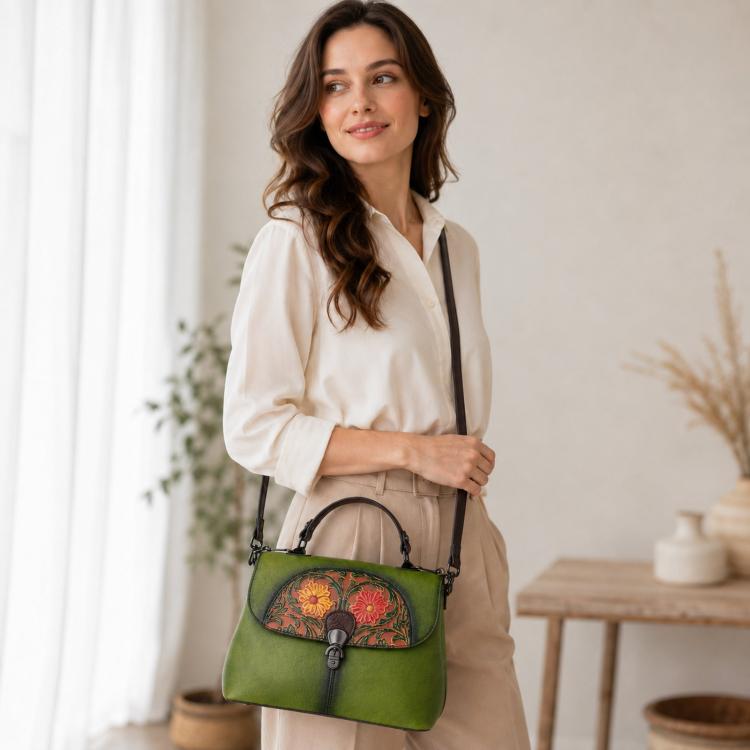 Top-Grain Cowhide Embossed Vintage Hand-Rubbed Color Handbag