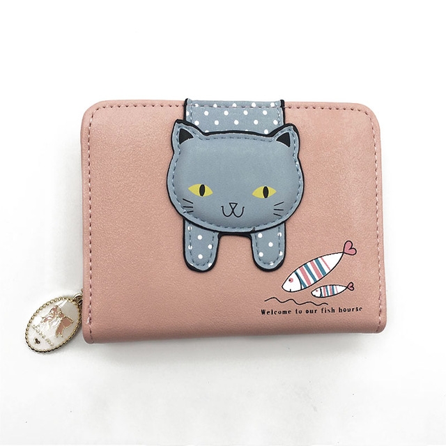 Women Cute Cat Wallet Small Zipper Wallet PU Leather Coin Purse Card Holder, Cat Pink, Cat Rose Red, Cat Black, Cat Blue, Cat Green