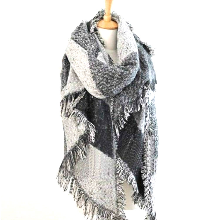 Winter Beveled Scarf Cashmere Plaid Color Matching Tassel Irregular Shawl, 205 x 65cm