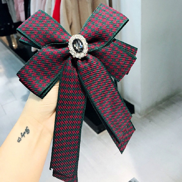 Women College Style Houndstooth Pattern Bow Tie Diamond Bow-knot Brooch Shirt Accessories