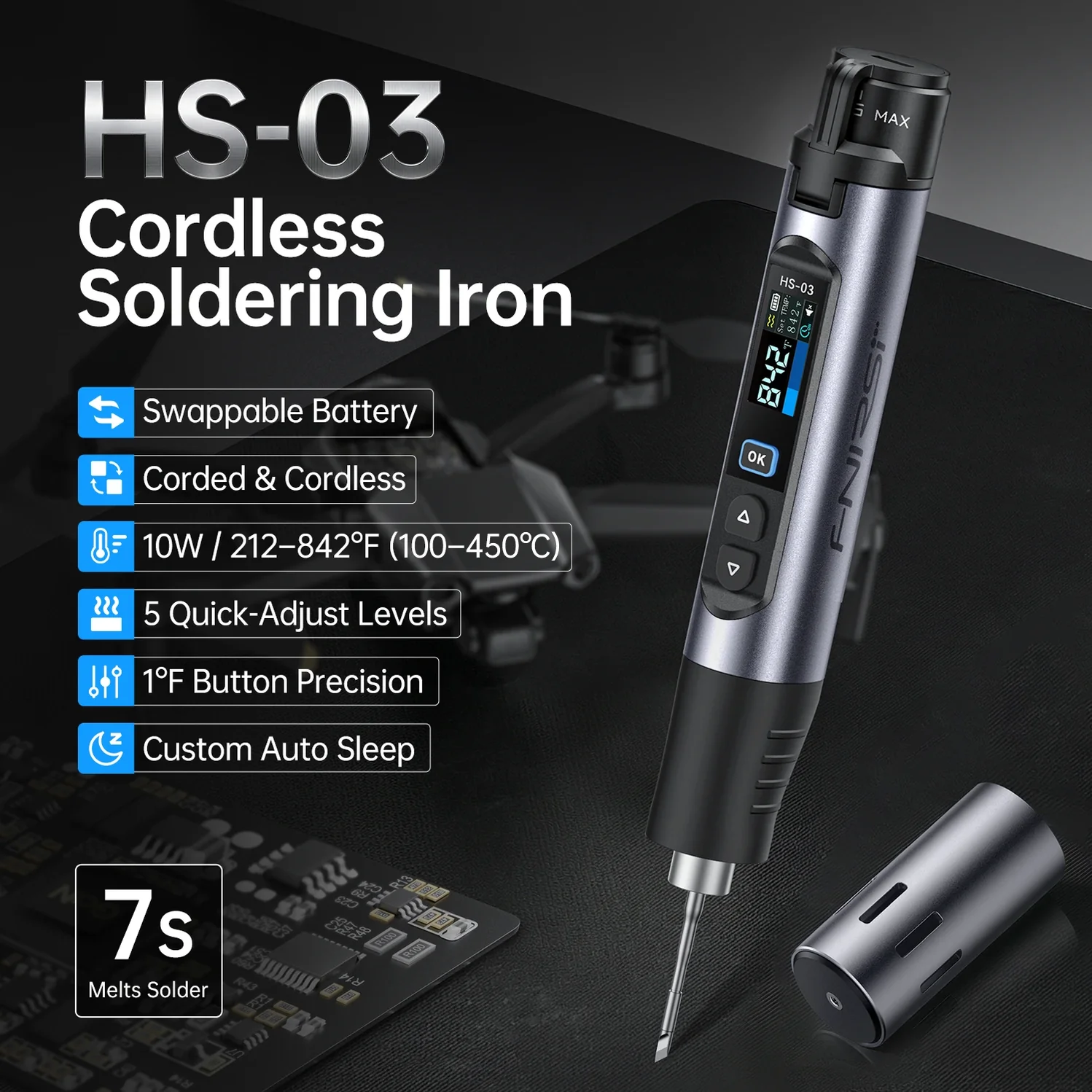 FNIRSI_HS-03_Cordless_Soldering_Iron_2600mAh_USB-C_Fast_Heating__01 FNIRSI® HS-03 Cordless Soldering Iron, 18650 Removable Battery, USB-C, 212–842℉