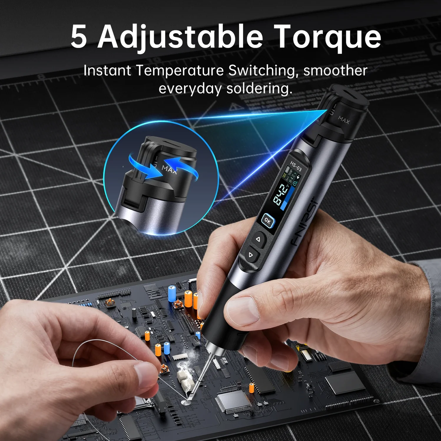 FNIRSI_HS-03_Cordless_Soldering_Iron_2600mAh_USB-C_Fast_Heating__03 FNIRSI® HS-03 Cordless Soldering Iron, 18650 Removable Battery, USB-C, 212–842℉