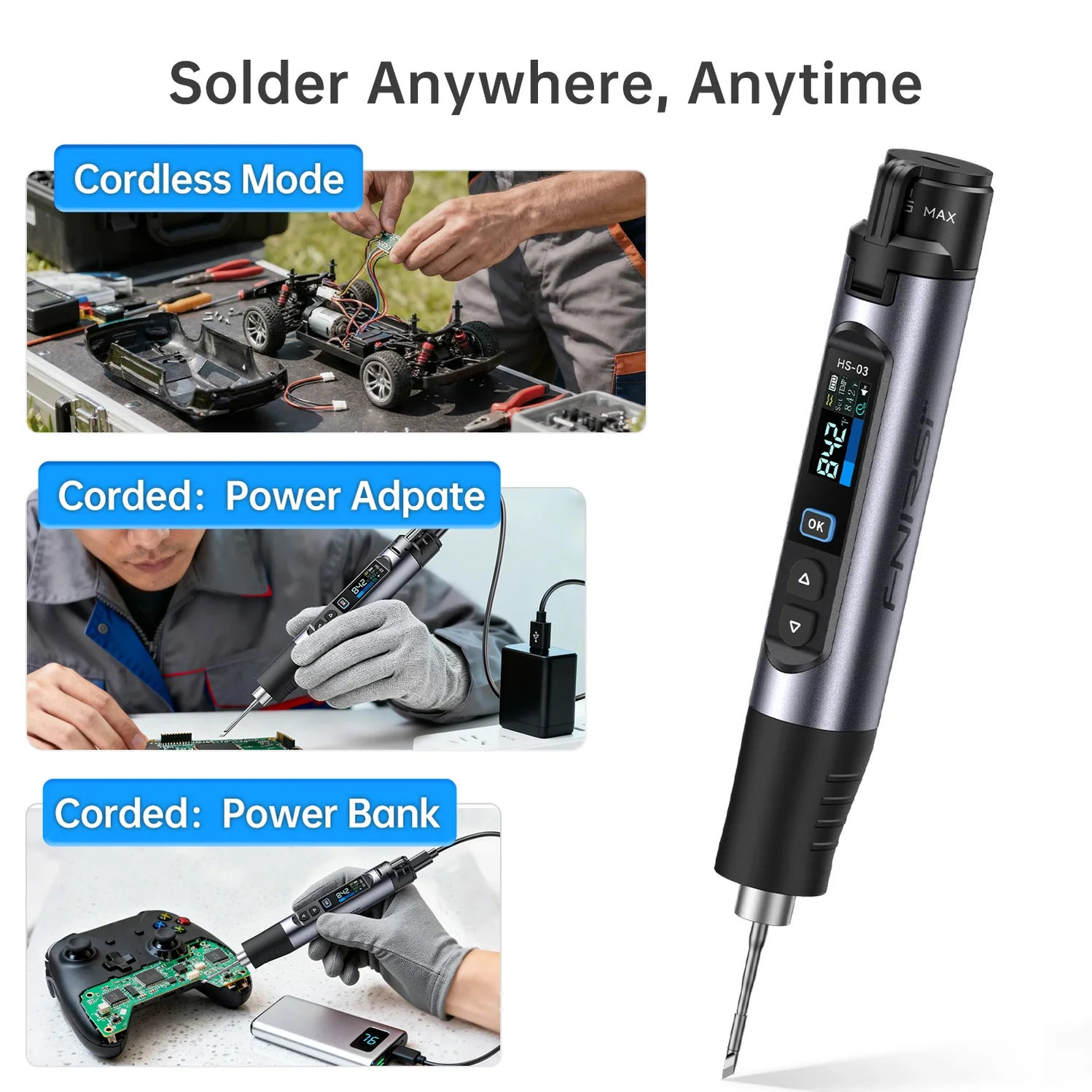 FNIRSI_HS-03_Cordless_Soldering_Iron_2600mAh_USB-C_Fast_Heating__04 FNIRSI® HS-03 Cordless Soldering Iron, 18650 Removable Battery, USB-C, 212–842℉