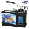 USB Desktop Aquarium Mini Fish Tank with Running Water and 6 LED Light, LCD Clock Display with Calendar, Time and Alarm (Holds 1.5 Quarts of Water)(Black)