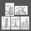 Painting Template Theme City A4 Label Template, Tower System (5pcs / Set), Sailing Line(5pcs / Set), 1 Paris Tower, 2 London Bridge, 3 Pisa Tower, 4 Big Ben, 5 Taj Mahal, 6 White House, 7 Castle, 8 Five-storied Pagoda, 9 Sydney, 10 Sailing Hotel